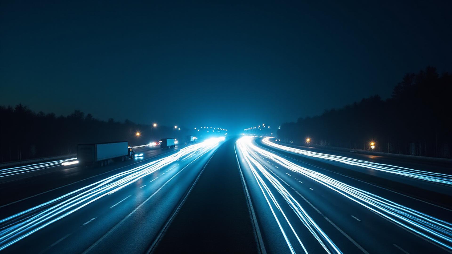 Time-lapse of logistics transport on a major highway at night