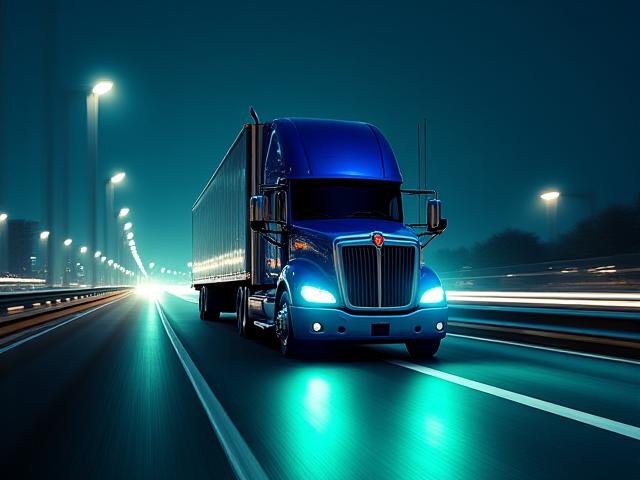Modern heavy-duty truck on a highway with digital HUD overlays